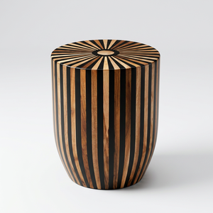 Modern Round Wood Side Table <b>Stool</b> <b>With</b> Black And Brown Stripe Design For Indoor Living Room Decor - Product Image 1