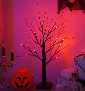 黑色万圣节树带灯24发光二极管橙色紫色树灯台灯幽灵树人造万圣节装饰