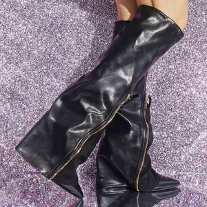 Large Size 47 Women's Knee High Pants Boots <b>Pointed</b> Toe Front Zipper Pants Long Booties Stiletto Thin Heels Overlay Shoes - Product Image 6