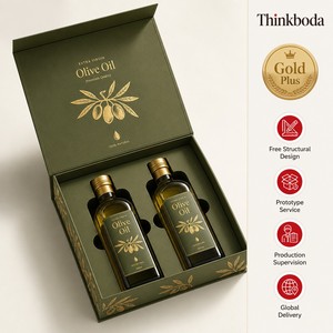 Boîte cadeau personnalisée pour huile d'olive, double bouteille, boîte rigide <span class=keywords><strong>vert</strong></span> olive avec branche d'olivier dorée en feuille d'aluminium, emballage haut de gamme pour huile d'olive - Product Image 1
