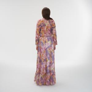 Ensemble deux pièces OEM pour femmes, col mandarin, manches longues, imprimé floral, robe longue en mousseline de soie pour femmes - Product Image 2