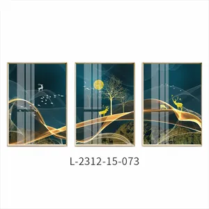 Wholesale Modern Abstract Aluminum Frame Three-Panel Bright gold Living Room Wall Art with Crystal Porcelain Painting