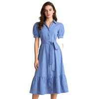 Robe chemise à manches bouffantes à col rabattu et à taille nouée pour femmes