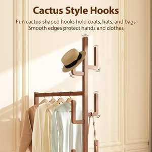 Porte-manteau moderne en bois d'hévéa sur roulettes avec 6 crochets et 1 étagère - Facile à assembler pour chambre et salon - Meuble GYJ054 (Stock US) - Product Image 3