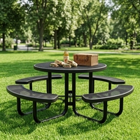 Table de pique-nique ronde noire de 78 pouces pour l'extérieur avec chaises, ensemble robuste pour jardin/terrasse/camping avec bancs, en métal expansé