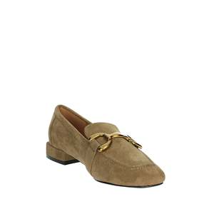 Mocasines Planos de Mujer en Gamuza Color Taupe con Tacón Bajo y Detalles Dorados - Product Image 5
