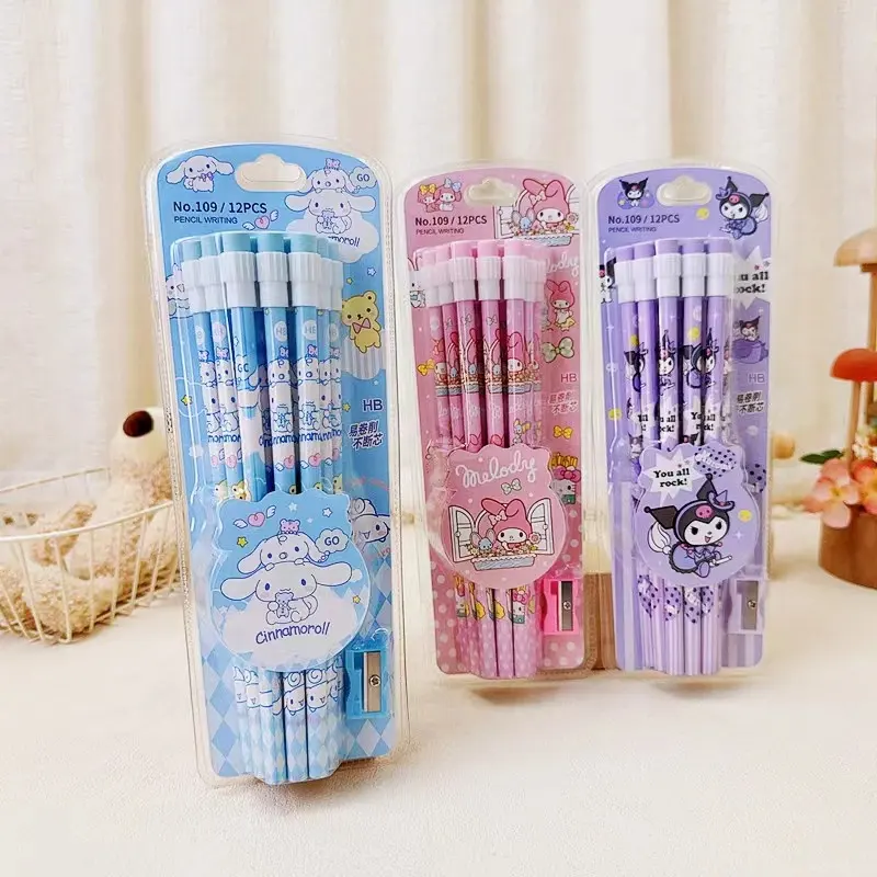 Paquete de 12 lápices San Liou con punta de goma sacapuntas estudiante lindo conjunto de lápices de alta belleza de dibujos animados