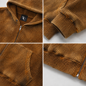 <span class=keywords><strong>Felpa</strong></span> con cappuccio da uomo personalizzata in cotone pesante, <span class=keywords><strong>oversize</strong></span>, termica, con zip, in maglia waffle, effetto <span class=keywords><strong>vintage</strong></span> distressed e lavaggio acido - Product Image 4