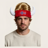 Chapeau cornu viking norvégien HLC avec perruque blonde, coiffe de fête drapeau national norvégien, cosplay, pour supporters de football mondial Halandy