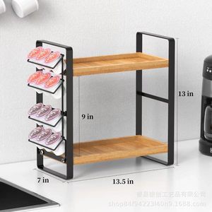 Solid Wood Coffee Bar <b>Storage</b> <b>Rack</b> Two Tier <b>Kitchen</b> Spice Organizer Iron Wood Combination Tea Bag Holder Desktop <b>Storage</b> - Product Image 4