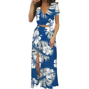 Conjunto de Dos Piezas con Estampado Tribal Geométrico Samoano para Mujer, Top Corto Cruzado con Cuello en V y Falda Maxi con Abertura Lateral, Vestido Tapa de las Islas del Pacífico - Product Image 4