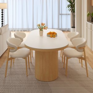 Tavolo <span class=keywords><strong>da</strong></span> <span class=keywords><strong>Pranzo</strong></span> Ovale in Legno Massello con Lastra di Roccia, Stile Nordico Crema, Arredamento per Piccoli Appartamenti, Cucine <span class=keywords><strong>e</strong></span> Sale <span class=keywords><strong>da</strong></span> <span class=keywords><strong>Pranzo</strong></span> - Product Image 3