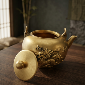 Théière traditionnelle chinoise en laiton avec motif de dragon et couvercle, bouilloire à eau avec poignée en métal - Product Image 3