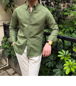 <span class=keywords><strong>Chemise</strong></span> à <span class=keywords><strong>manches</strong></span> <span class=keywords><strong>longues</strong></span> de couleur unie <span class=keywords><strong>en</strong></span> coton et <span class=keywords><strong>lin</strong></span> pour hommes, t-shirt slim britannique d'affaires pour hommes - Product Image 2