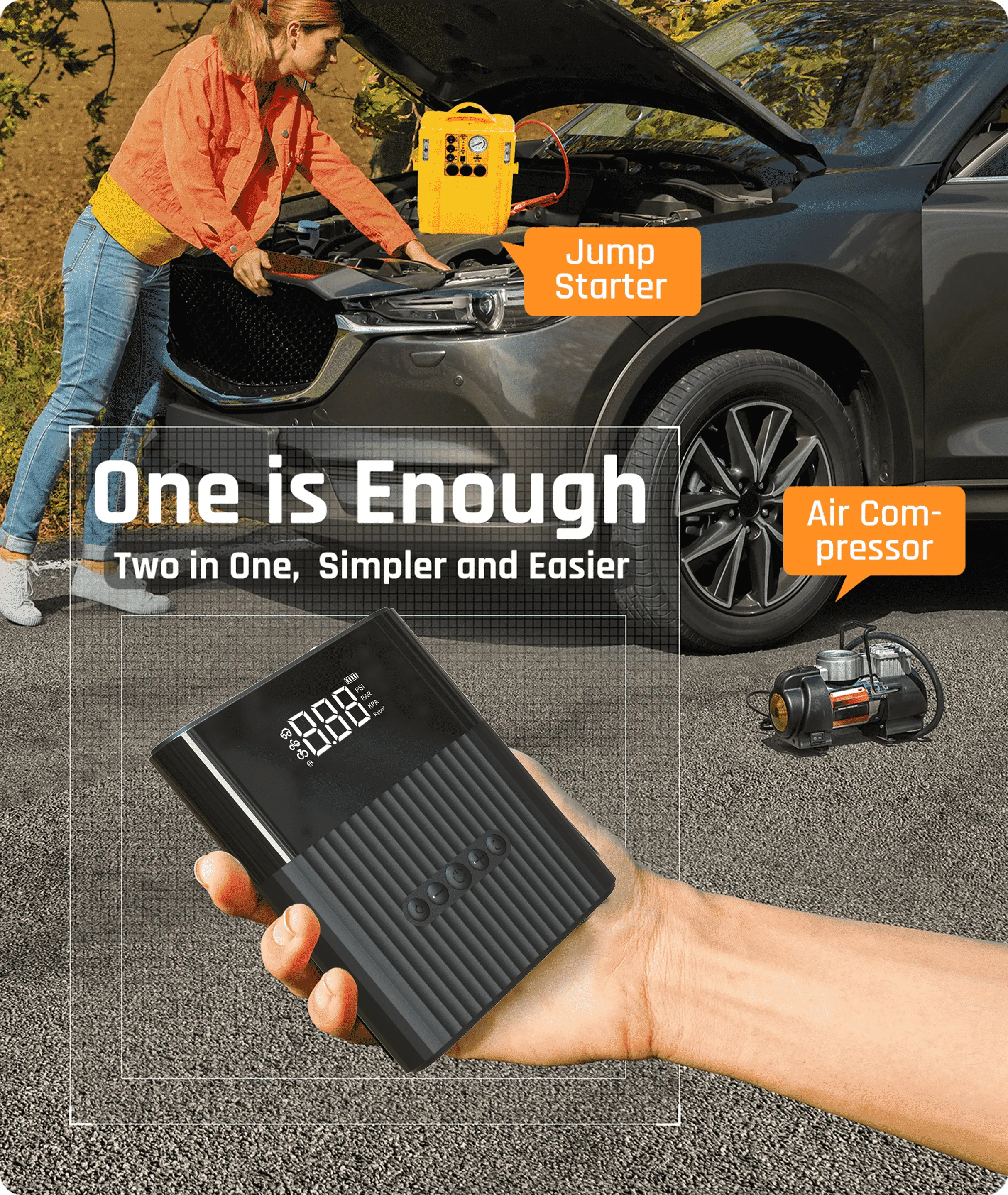 Pacote de bateria portátil 6 em 1, funções de alta potência para carro com compressor de ar