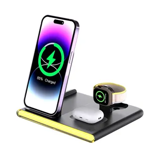 Pengisi daya nirkabel lipat 3 dalam 1 desain baru, 15W pengisian daya cepat untuk iphone 15 Pro Max stasiun Power bank jam tangan lampu Qi lampu malam