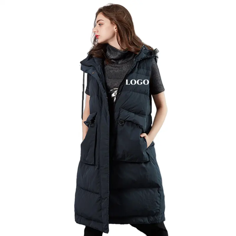 Custom puffer vest lightweight waistcoat warm sleeveless jackets long duck down puffer vest for women