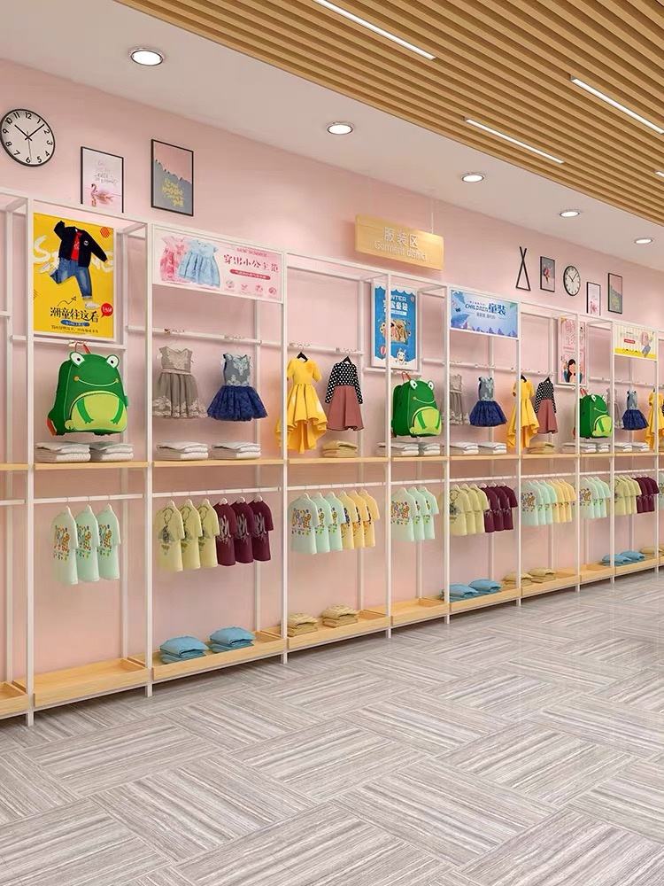 Double-Sided Wooden Baby Clothing Display Shelf for Supermarkets