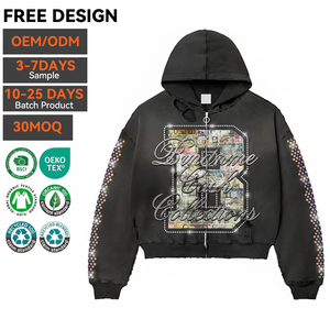 هودي مطبوع حسب الطلب بأسلوب Y2K للشارع، جودة عالية من الصوف الثقيل، تصميم فضفاض من القطن للمصنعين، هودي رجالي بسحاب - Product Image 2