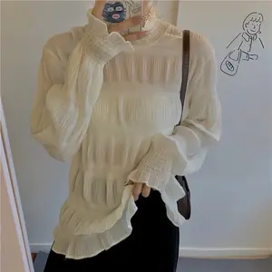 Super fée lâche ventre couvrant chemise en mousseline de soie femmes printemps et automne demi-col haut à volants maille bas empilable hauts femmes