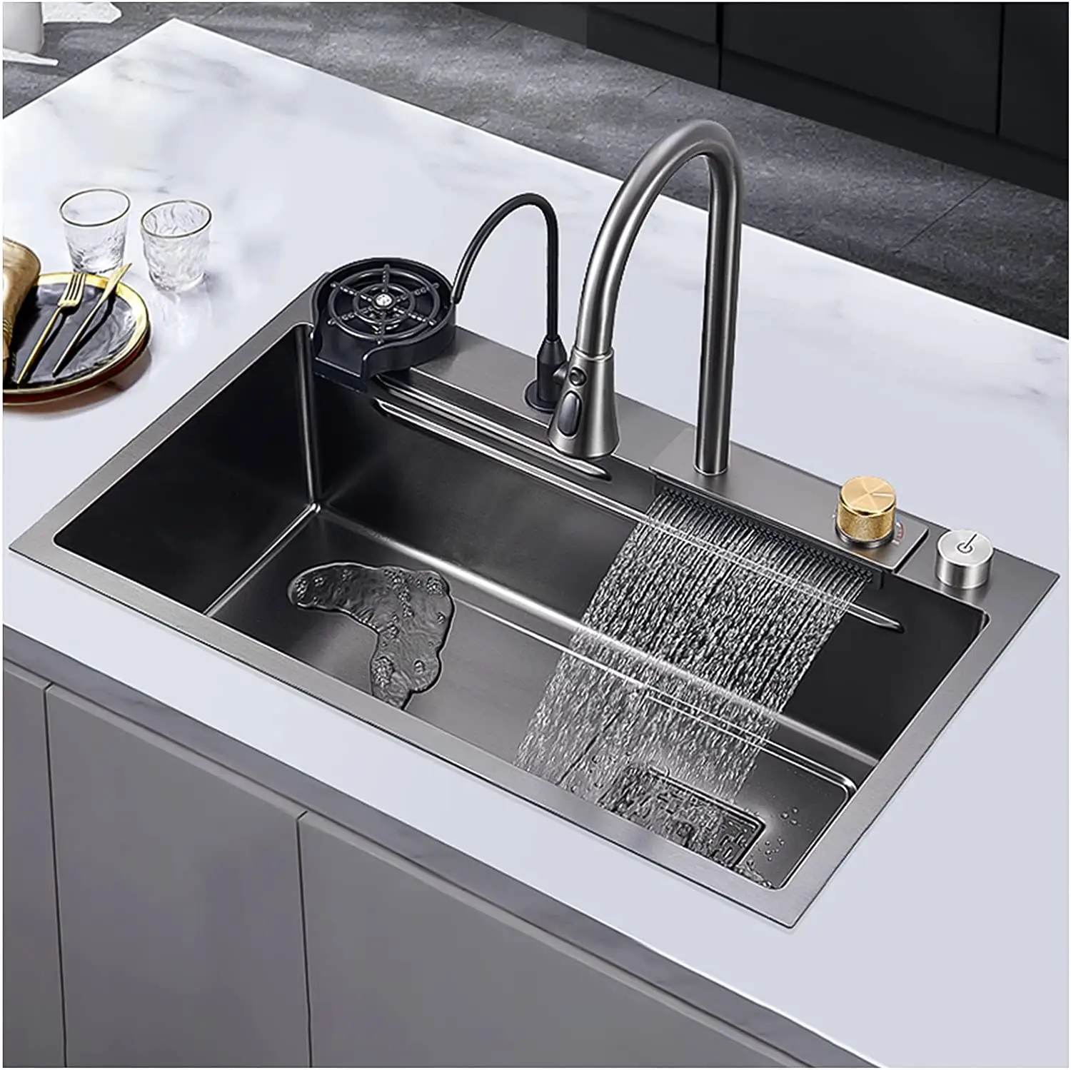 sus304 waterfall multifunction smart stainless steel sink glass rinser kitchen sinks