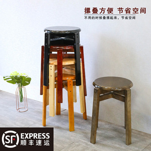 Taburete Redondo de Madera Maciza Color Marrón Rojizo, Muebles Apilables para Sala de Estar - Product Image 3