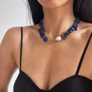 Joyería de mujer, gargantilla de piedras preciosas con barra de lapislázuli azul, collar llamativo con abalorio de Perla Barroca - Product Image 1