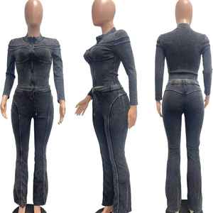 Viviblook Z1126ST15 Tenues pour femmes grandes tailles, haut court à manches longues avec fermeture éclair et patchwork, pantalon, ensemble de survêtement en deux pièces à côtes - Product Image 2