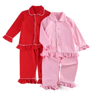 2021 Pakaian Bayi Piyama Katun Polos Natal Lengan Panjang Kerut-kerut Piyama Anak Baju Tidur Set