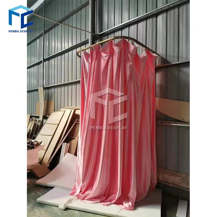 Kleidung Store Metall Beweglichen Tragbare Umkleidekabine Umkleideraum Beweglichen Goldene Dressing Zimmer mit Vorhang