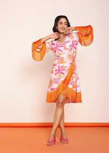 Robe imprimée mi-longue à enrouler avec dentelle, robe décontractée pour femme en tissu léger et flatteur - Product Image 4