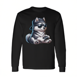 Camiseta de manga larga con diseño de perro Husky jugando videojuegos, ropa informal - Product Image 2
