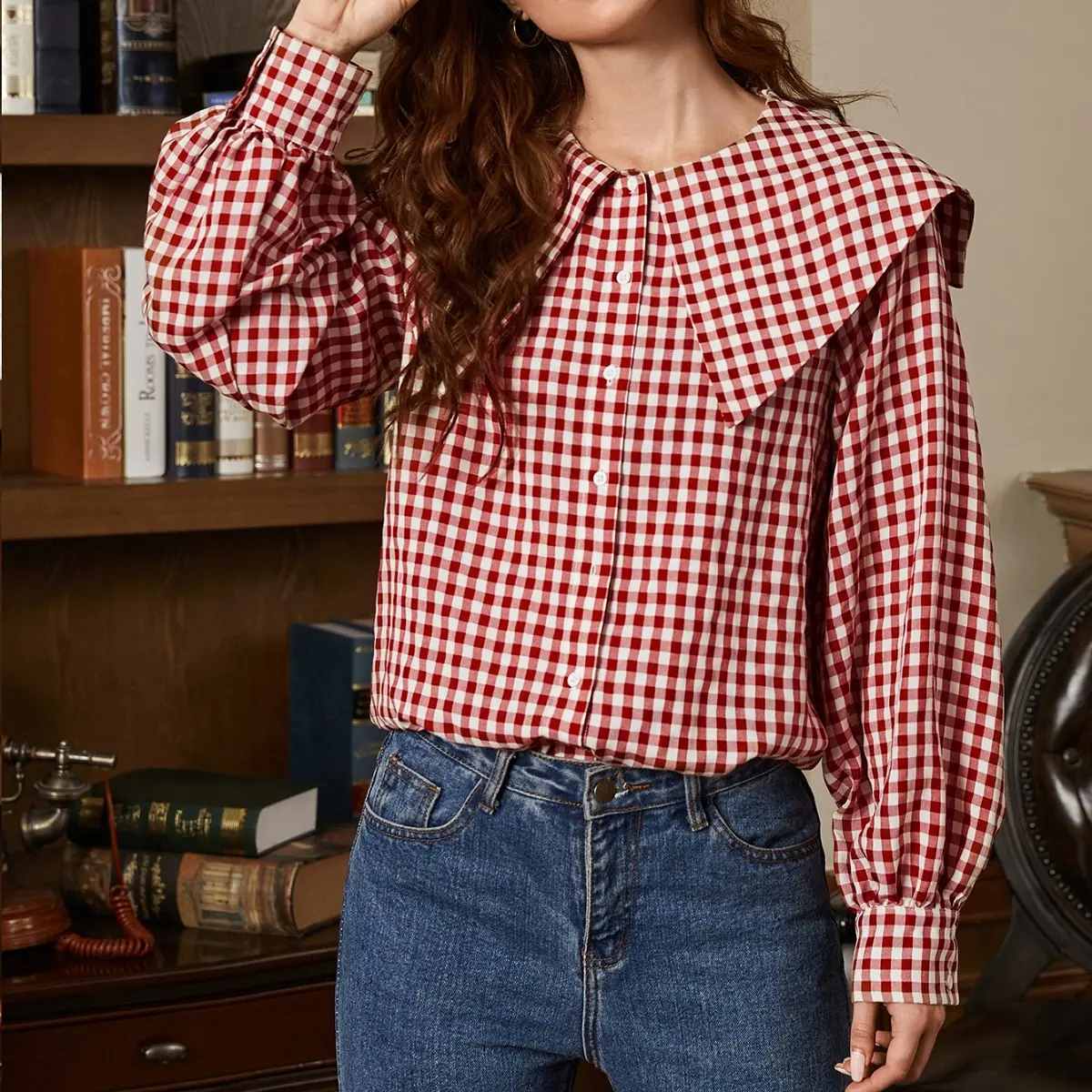 OEM Women's Smart Casual Woven Shirts with a large sailor collar and long sleeves Checkered Fabric red Shirts / Blouses