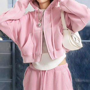 Women's Breathable Cotton <b>Hoodie</b> Set <b>Zip</b>-Up Drawstring Waist <b>Cropped</b> Length Joggers Frayed Hem Printed for Autumn Winter Daily - Product Image 3