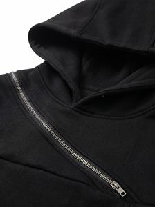 Sudadera con Capucha Negra Extra Grande Unisex, Sudadera con Cierre Asimétrico y Bolsillo para Otoño, Estilo Urbano - Product Image 3
