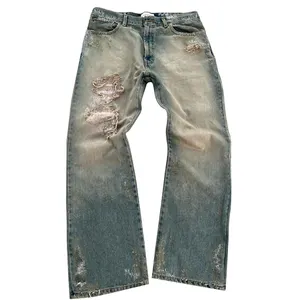 Jeans Skinny estilo personalizado jeans vintage rasgado jeans empilhados homens