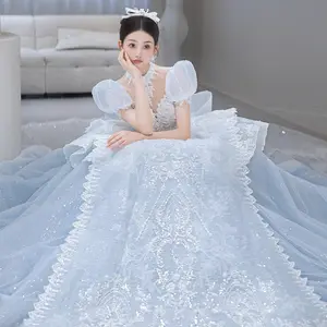 2024 blaues Hochzeitskleid Haupt Neujahr Sommer Wind einfach Märchen große Schleppschleife blaue Prinzessin Abend Hochzeitskleid für Braut