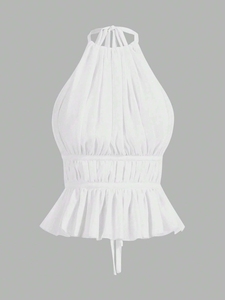 Nuova Collezione 2026: <span class=keywords><strong>Blusa</strong></span> Senza Colletto in Chiffon di Seta, Stile Dolce e Piccante, Linea ad A, Senza Maniche, Schiena Scoperta con Volant - Product Image 5