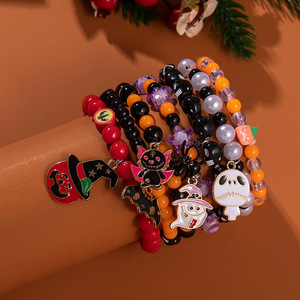 Halloween Acrylic Beaded <b>Bracelet</b> Set With Ghost Spider Pumpkin Skull Charms For Party Unisex Jewelry - Product Image 1