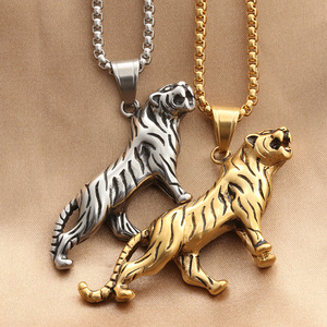 Yunnique Geometric Tiger Pendant Necklace Stainless Steel Animal Shape Men's Fashion Jewelry <b>Titanium</b> Steel <b>Chain</b> Silver Gold - Product Image 1