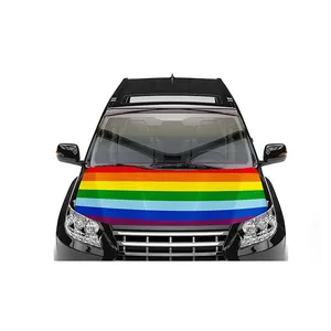 2023 ขายส่งส่งเสริมการขายออกแบบที่กําหนดเองโลโก้Spandex Rainbow LGBTระเหิดพิมพ์โฆษณารถHoodฝาครอบเครื่องยนต์ธง