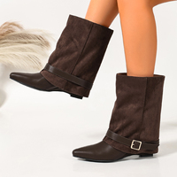 Bottines mi-mollet pour femmes, bottines à bout pointu avec design pliable, sangle décorative à boucle métallique, talon bas, bottes décontractées à la mode pour femmes