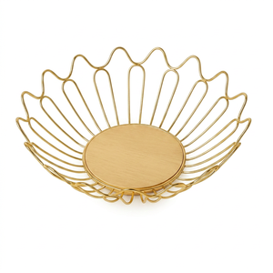 Gold Finish Decorative Wire <b>Basket</b> Tray with Round Center Base Elegant Fruit Serving Bowl Home Decor Accent Metal & Wood <b>Basket</b> - Product Image 1