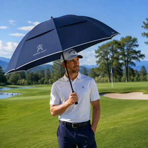 Paraguas personalizado de alta calidad con impresión del logotipo de Gold London Direct Chauffeurs, paraguas de golf con ribete reflectante y borde blanco. - Product Image 5