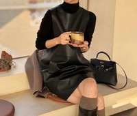 31150 printemps automne à la mode O cou Style droit court noir robe en cuir véritable pour les femmes