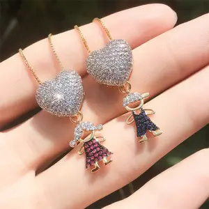 Custom Fashion Fine Jewelry Fulled Diamond Inlay Colorful Zircon Cute Doll Pendant Personalized Love Heart Necklace For Women