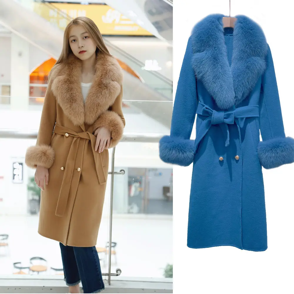High Quality Latest New Style Casual Women Long Cashmere Wool Trench Coat with Fur