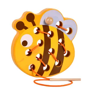 나무 어린이 동물 로프 스레딩 보드 어린이 조기 교육 스트링 퍼즐 몬테소리 교육 도구