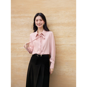 <b>White</b> Long Sleeve Blouse With Ribbon Tie Office Shirt Solid Color Polyester Women's Top - Product Image 3