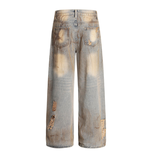 Nouveau Jean Droit en Denim pour Homme ZY, Style Rétro Hip Hop, Logo Personnalisé, Coton Tissé, Délavé Moyen, Design Usé et <span class=keywords><strong>Troué</strong></span> - Product Image 3